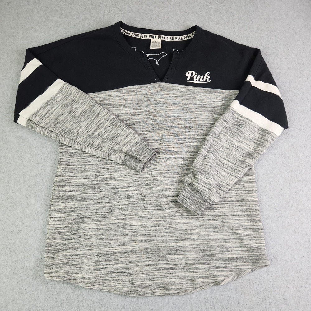 PINK Victoria's Secret Sweatshirt Women Medium Gray Black Space Dye Split V-Neck